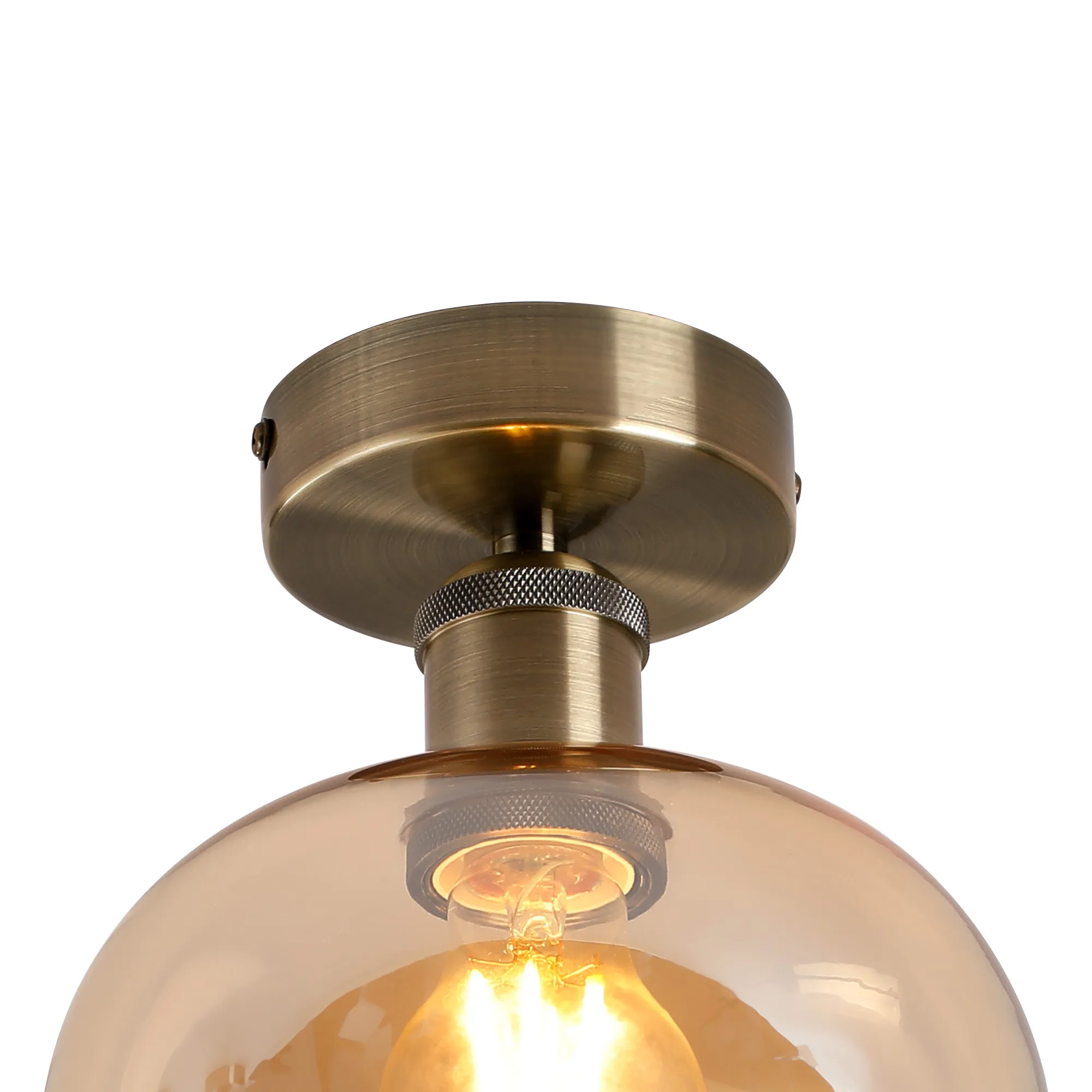 Cawdor Flush Fitting; 1 Light E27; Antique Brass/Amber Wine Glass DK1127  Deco Cawdor